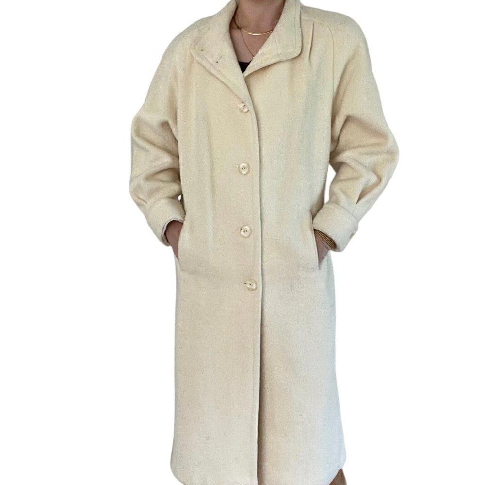 Vintage 1980s Billycoat White Cream Wool Retro Long Fluffy Trench Coat Sz M